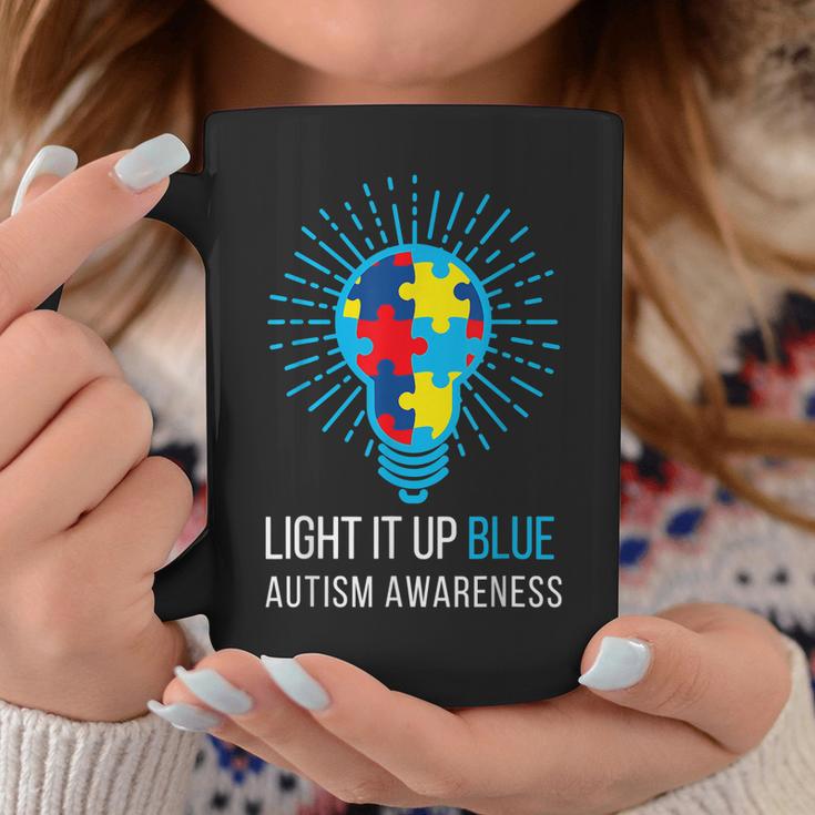 Light It Up Blue Autism Awareness Ribbon Puzzle Pieces Coffee Mug | Mazezy