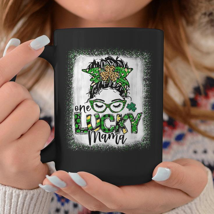Messy Bun Leopard St Patricks Day One Lucky Mama Bleached Coffee Mug Personalized Gifts