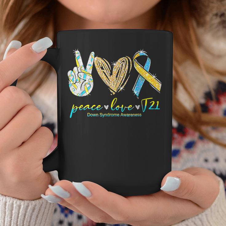 Peace Love T21 Blue Yellow Ribbon Down Syndrome Awareness Coffee Mug ...