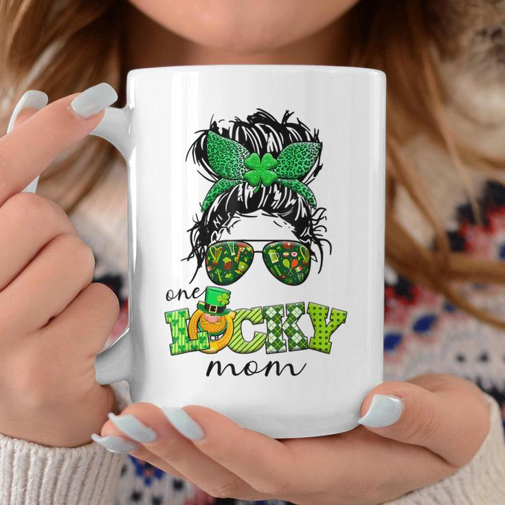 Bleached Shamrock One Lucky Mom Messy Bun St Patricks Day Coffee Mug Funny Gifts