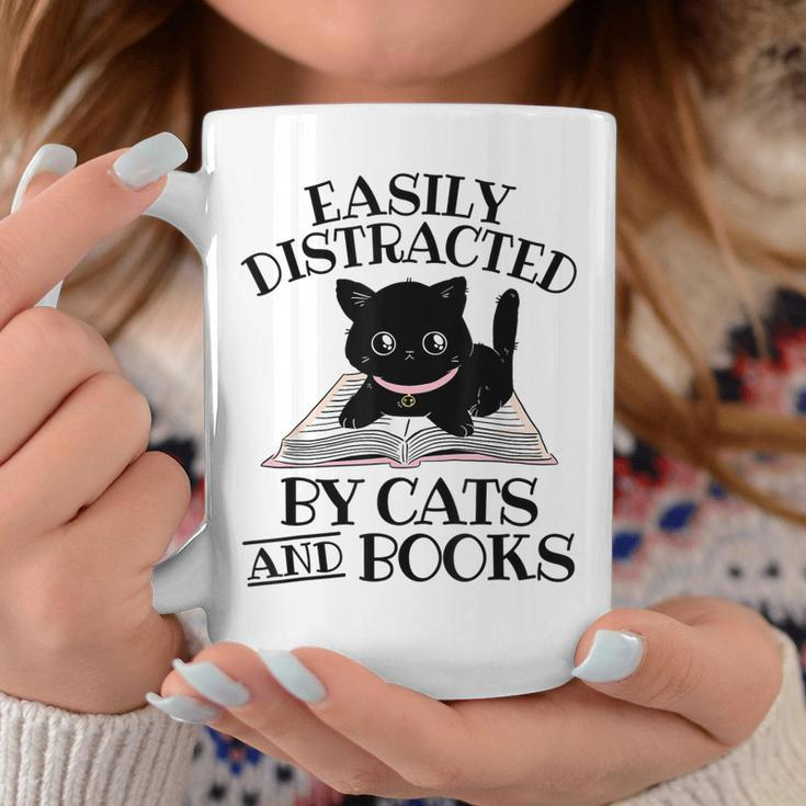 Easily Distracted By Cats And Books Black Cat Book Lover Coffee Mug Unique Gifts