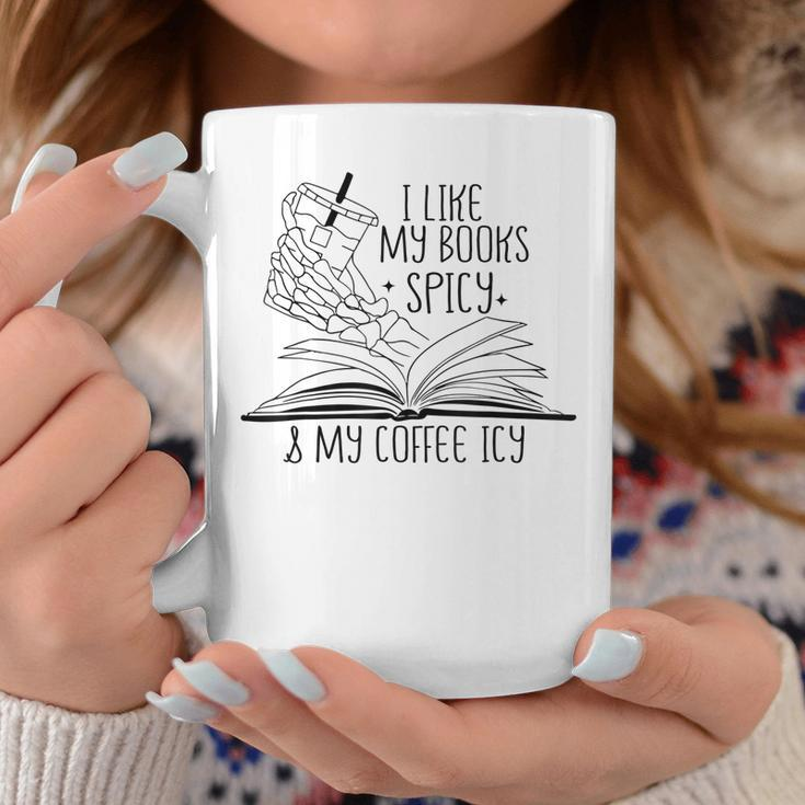 I Like My Books Spicy And My Coffee Icy Skeleton Hand Book Coffee Mug Unique Gifts