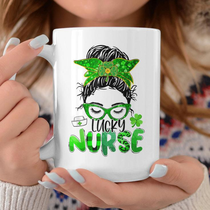 Lucky Nurse St Patricks Day Nurse Shamrock Messy Bun Mom Coffee Mug Funny Gifts