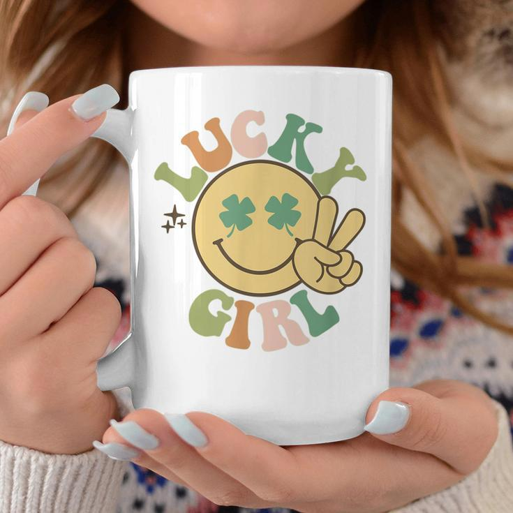 Lucky St Patricks Day Retro Smiling Face Shamrock Hippie Coffee Mug Unique Gifts