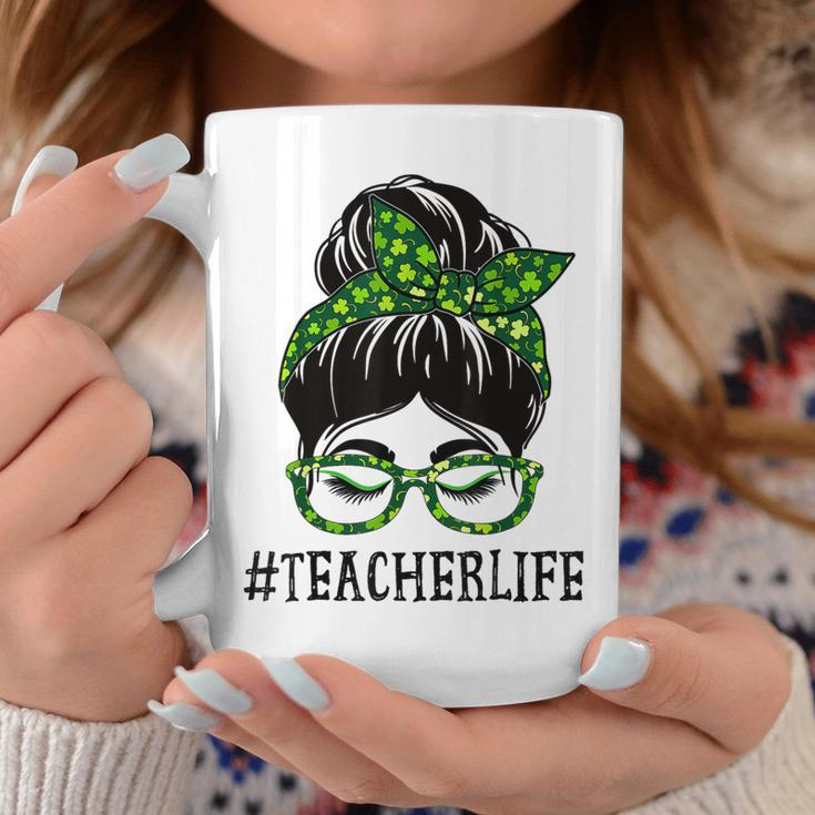 Teacher Women Messy Bun St Patricks Day Shamrock Coffee Mug Funny Gifts