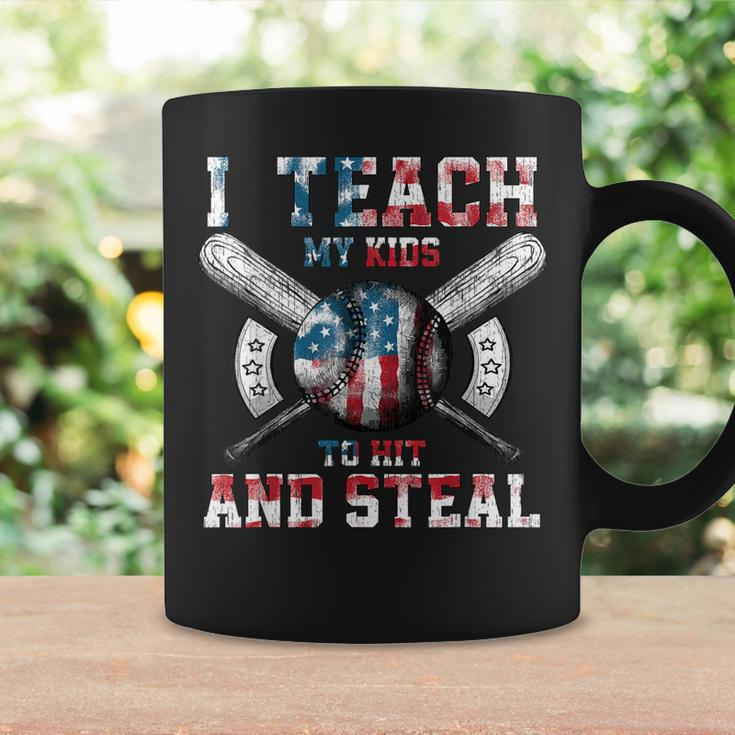 I Teach My Kids To Hit And Steal Baseball Dad American Flag Coffee Mug Gifts ideas