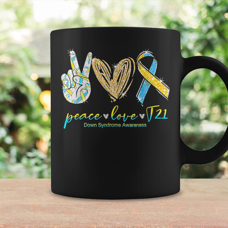 Peace Love T21 Blue Yellow Ribbon Down Syndrome Awareness Coffee Mug ...