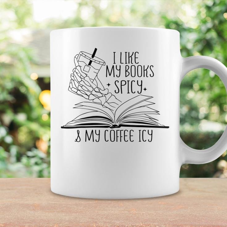 I Like My Books Spicy And My Coffee Icy Skeleton Hand Book Coffee Mug Gifts ideas
