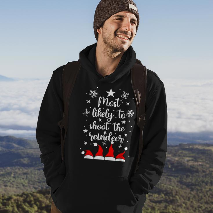 Christmas Most Likely To Shoot The Reindeer Santa Hats Men Hoodie Graphic Print Hooded Sweatshirt Lifestyle