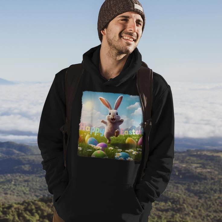 Happy Easter Bunny Hopping Over Colored Eggs Hoodie Lifestyle
