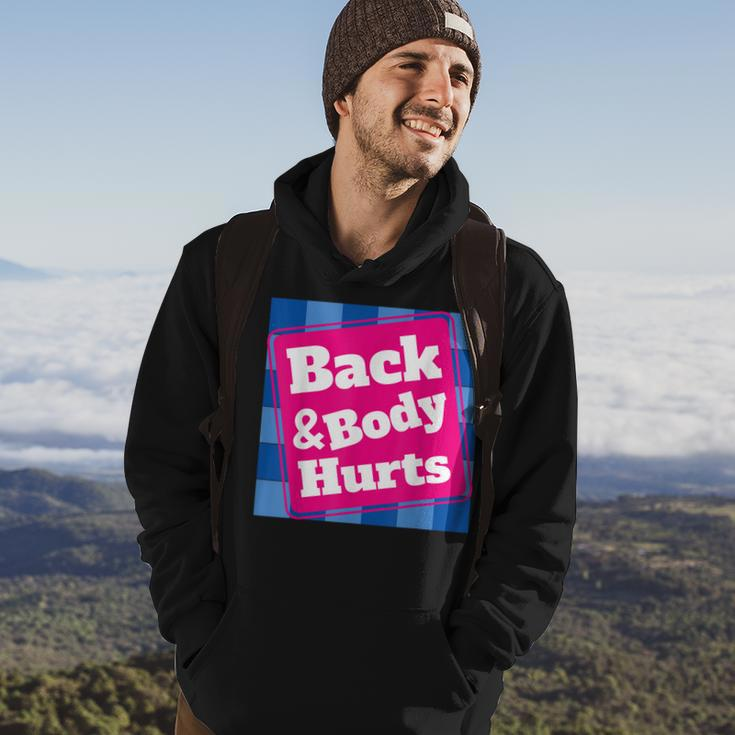 Mens Funny Back Body Hurts Quote Workout Gym Top Hoodie Lifestyle