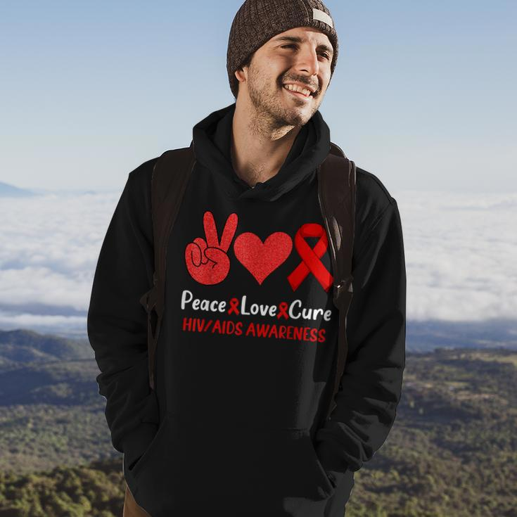 Peace Love Cure World Aids Day HivAids Awareness Men Women Men Hoodie Graphic Print Hooded Sweatshirt Lifestyle