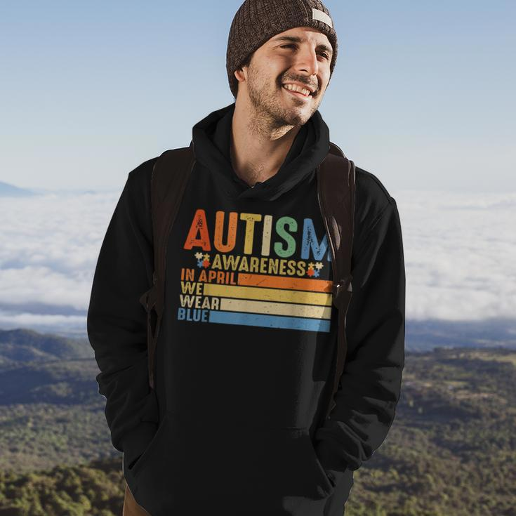 Retro In April We Wear Blue Puzzle Autism Awareness Month Hoodie Lifestyle