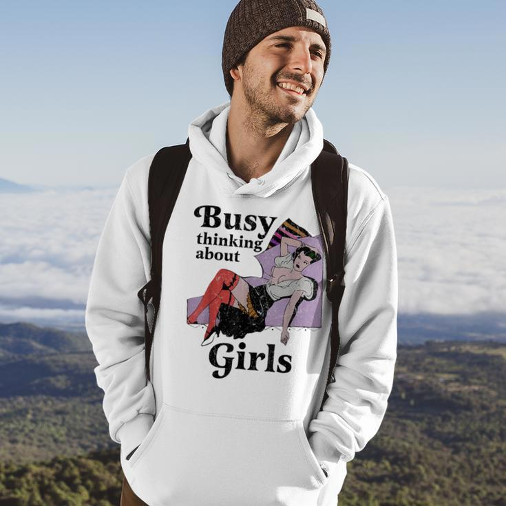 Busy Thinking About Girls Retro Vinatge Lesbian Pride Femme Hoodie Lifestyle