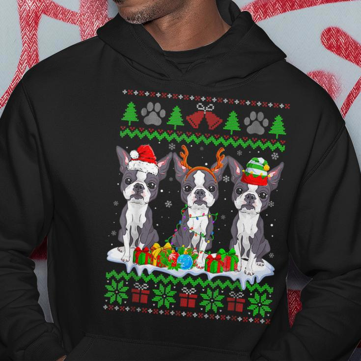 Christmas Boston Terrier Dog Puppy Lover Ugly Xmas Sweater Men Hoodie Graphic Print Hooded Sweatshirt Funny Gifts