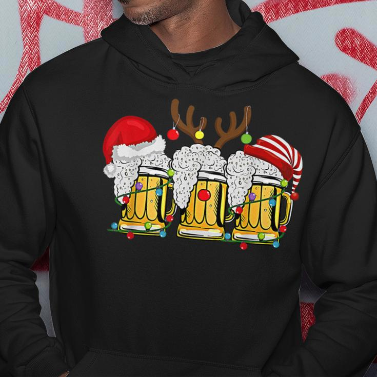 Christmas Three Glass Of Beer Lights Santa Hat Elf Antlers V2 Men Hoodie Graphic Print Hooded Sweatshirt Funny Gifts