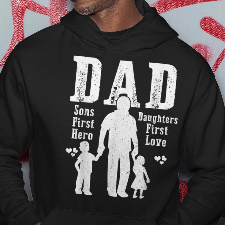 Dad A Sons First Hero A Daughters First Love Daddy Papa Pops Hoodie Unique Gifts