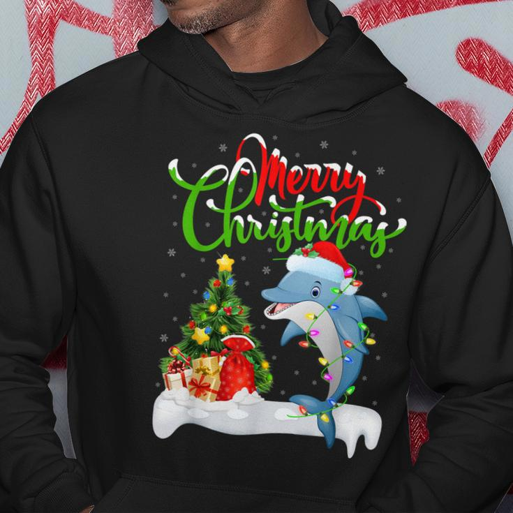 Funny Dolphin Fish Lover Xmas Lighting Dolphin Christmas Men Hoodie Graphic Print Hooded Sweatshirt Funny Gifts