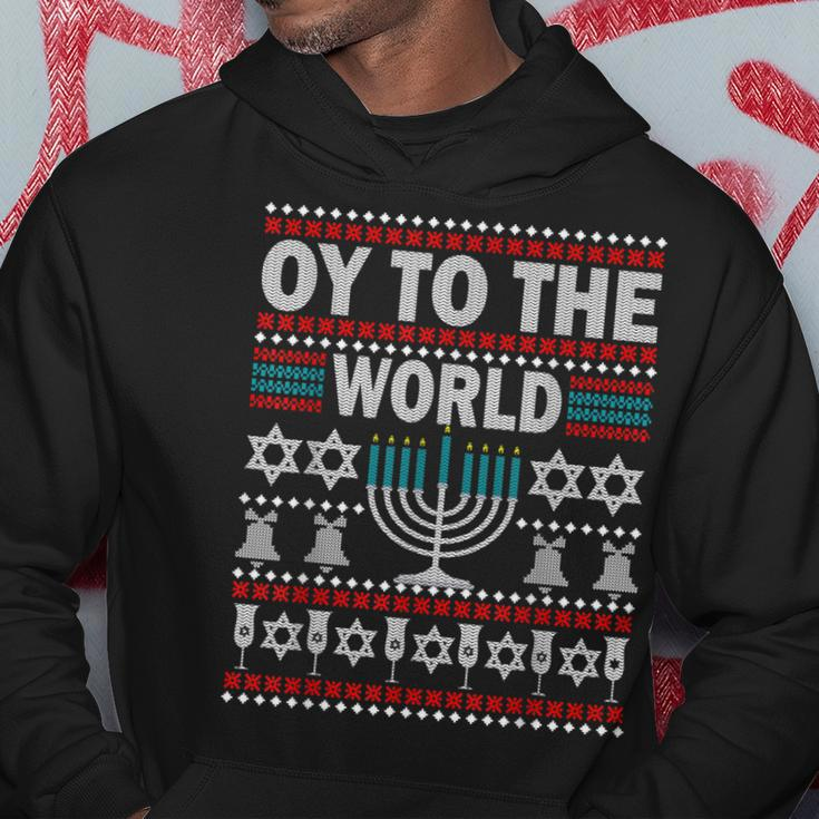 Funny Hanukkah Christmas Ugly Sweater Oy To The World Gifts Men Hoodie Graphic Print Hooded Sweatshirt Funny Gifts