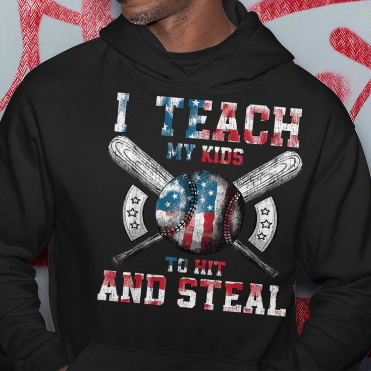 I Teach My Kids To Hit And Steal Baseball Dad American Flag Hoodie Unique Gifts