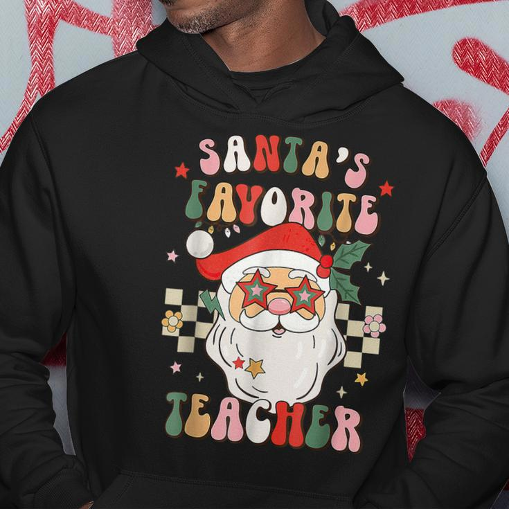 Santas Favorite Teacher Groovy Retro Christmas 70S 80S Xmas Men Hoodie Graphic Print Hooded Sweatshirt Funny Gifts
