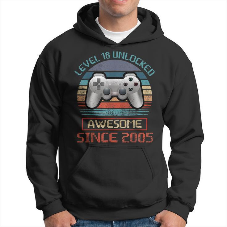 18 Years Level 18 Unlocked Awesome Since 2005 18Th Birthday  Men Hoodie Graphic Print Hooded Sweatshirt