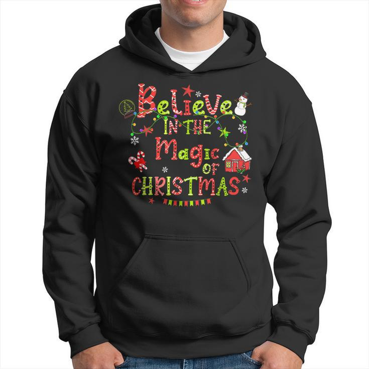 Believe In The Magic Of Christmas Santa Snowman Candy Cane Men Hoodie Graphic Print Hooded Sweatshirt