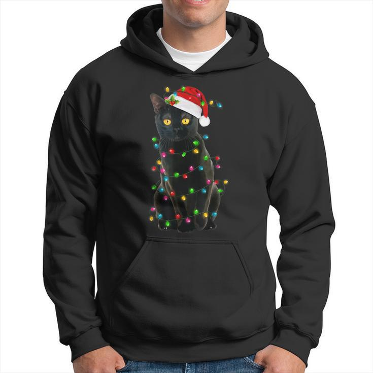 Black Cat Christmas With Santa Hat Lights Pajama Cat Lovers Men Hoodie Graphic Print Hooded Sweatshirt