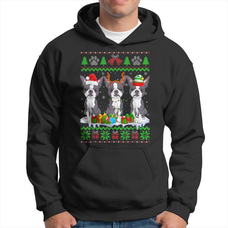 Christmas Boston Terrier Dog Puppy Lover Ugly Xmas Sweater  Men Hoodie Graphic Print Hooded Sweatshirt