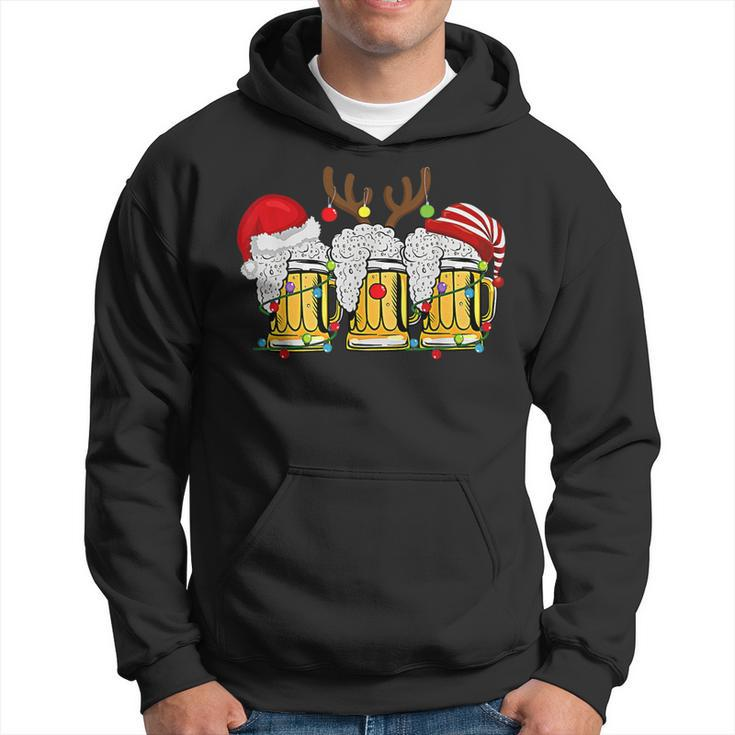 Christmas Three Glass Of Beer Lights Santa Hat Elf Antlers V2 Men Hoodie Graphic Print Hooded Sweatshirt