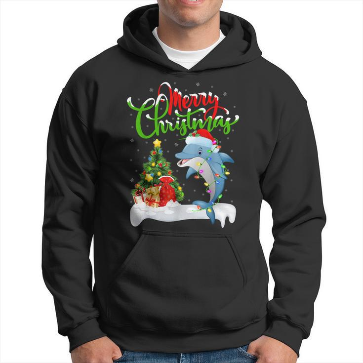 Funny Dolphin Fish Lover Xmas Lighting Dolphin Christmas Men Hoodie Graphic Print Hooded Sweatshirt