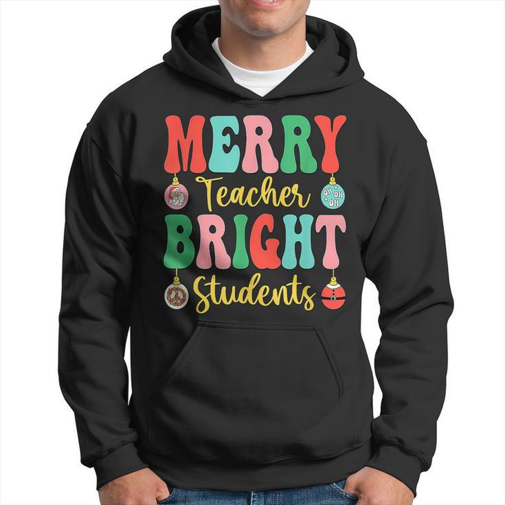 Groovy Retro Christmas Merry & Bright Teacher Student Hippie  Men Hoodie Graphic Print Hooded Sweatshirt
