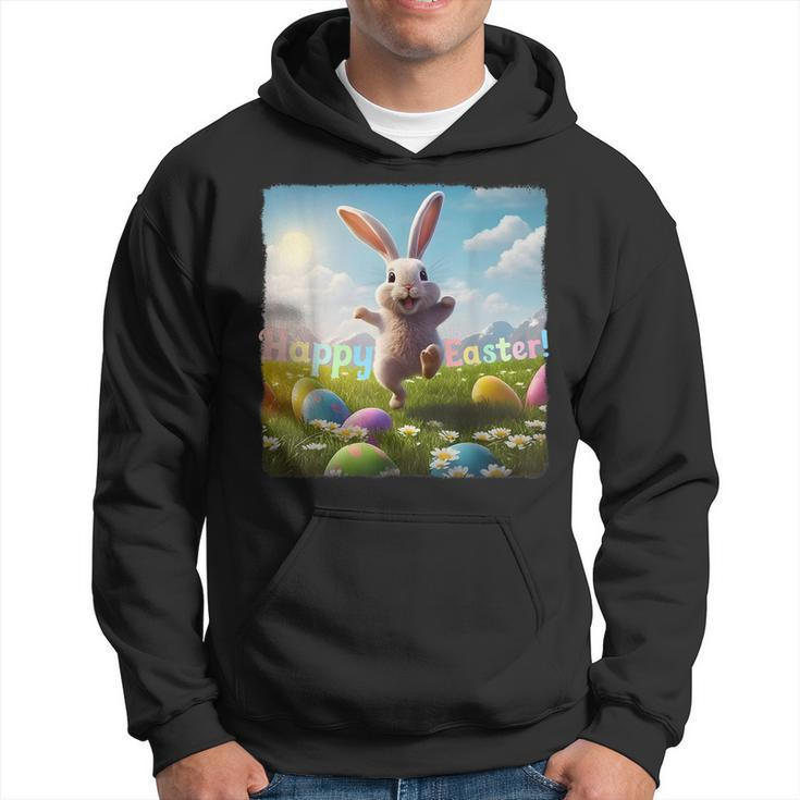 Happy Easter Bunny Hopping Over Colored Eggs  Hoodie