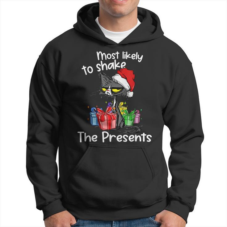 Most Likely To Shake The Presents Funny Cat Xmas Lights  Men Hoodie Graphic Print Hooded Sweatshirt