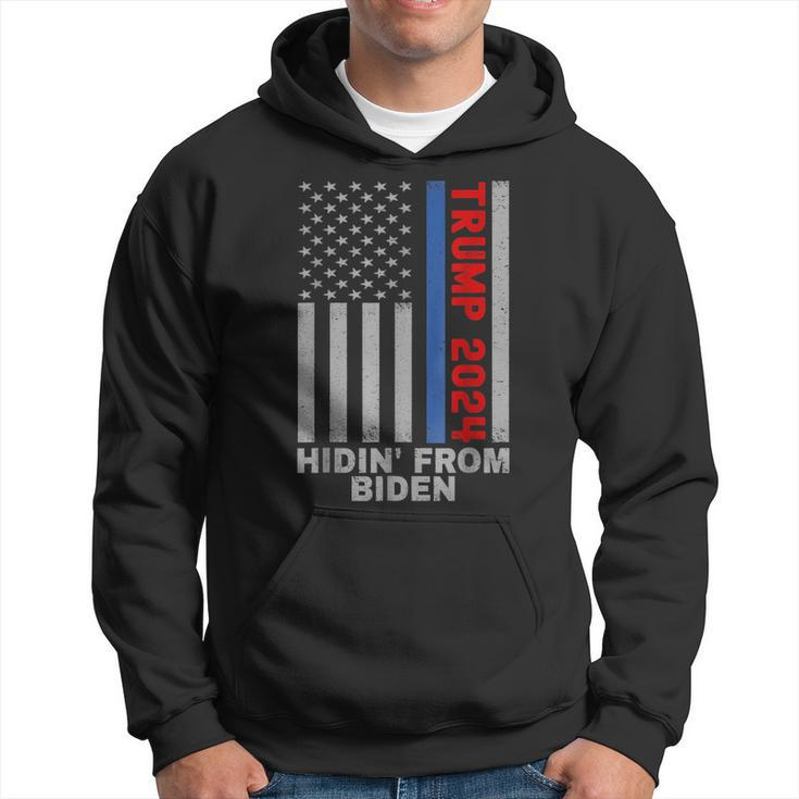 Trump 2024 Hiding From Biden Usa Flag Thin Blue Line Men Hoodie Graphic Print Hooded Sweatshirt