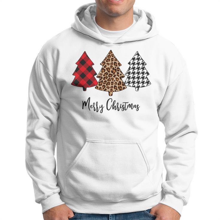 Cute Merry Christmas Tree Plaid And Leopard Top Men Hoodie Graphic Print Hooded Sweatshirt