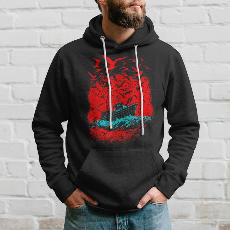 Art Birds And Boat In Ocean Under Red Sky Hoodie Gifts for Him