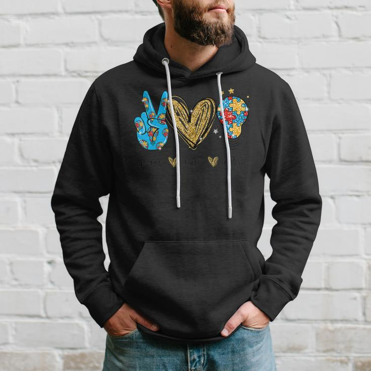 Autism Awareness Day Peace Love Autism Puzzle Ribbon Hoodie Gifts for Him