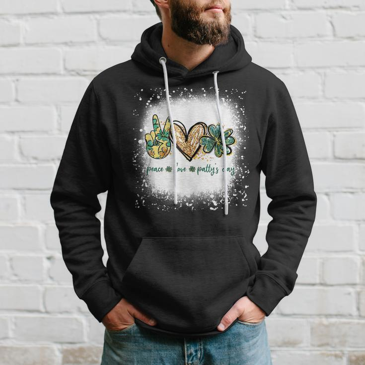 Bleached Peace Love Pattys Day St Patricks Day Shamrock Hoodie Gifts for Him
