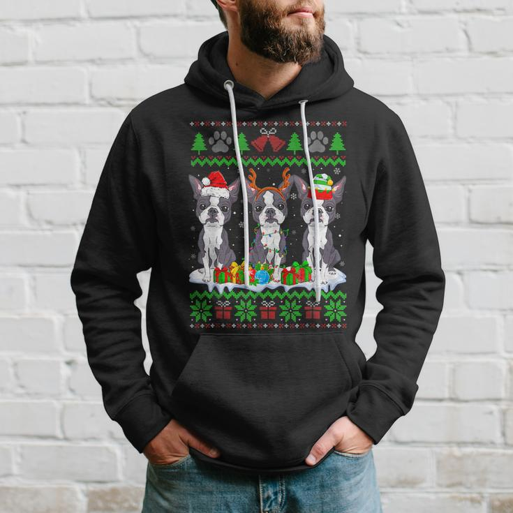 Christmas Boston Terrier Dog Puppy Lover Ugly Xmas Sweater Men Hoodie Graphic Print Hooded Sweatshirt Gifts for Him
