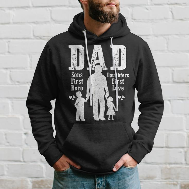 Dad A Sons First Hero A Daughters First Love Daddy Papa Pops Hoodie Gifts for Him