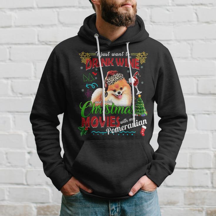 Drink Wine Watch Christmas Movie With My Pomeranian Men Hoodie Thegiftio UK