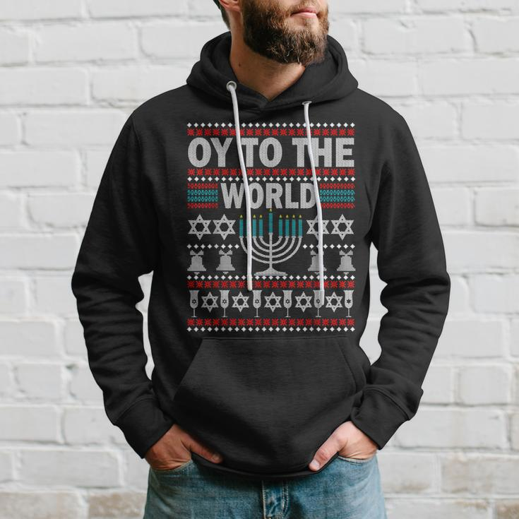 Funny Hanukkah Christmas Ugly Sweater Oy To The World Gifts Men Hoodie Graphic Print Hooded Sweatshirt Gifts for Him