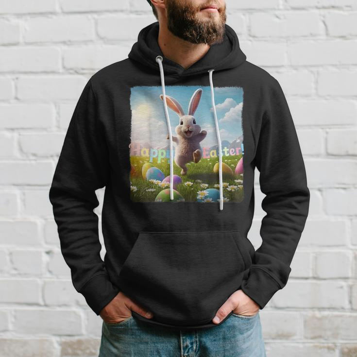 Happy Easter Bunny Hopping Over Colored Eggs Hoodie Gifts for Him