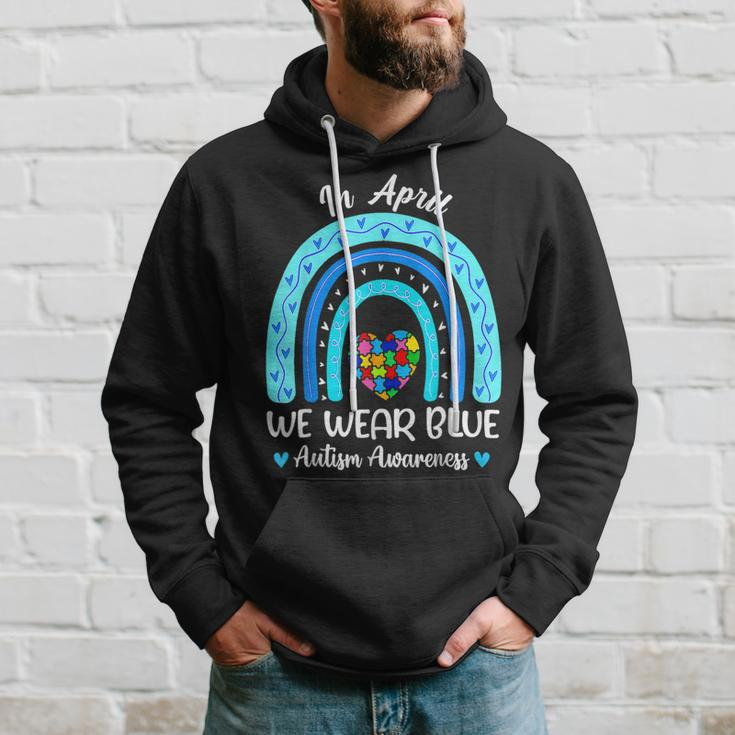 In April We Wear Blue Autism Awareness Month Puzzle Rainbow Hoodie Gifts for Him