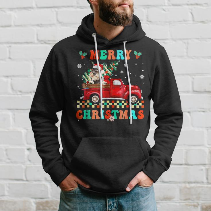 Merry Christmas Schnauzer Dog Riding Red Truck Xmas Tree Men Hoodie Graphic Print Hooded Sweatshirt Gifts for Him