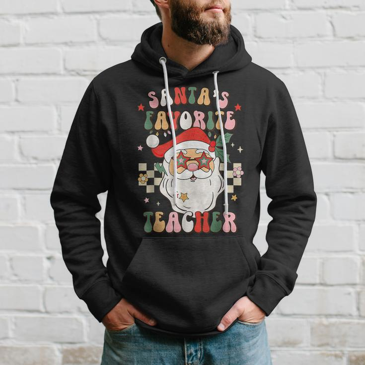 Santas Favorite Teacher Groovy Retro Christmas 70S 80S Xmas Men Hoodie Graphic Print Hooded Sweatshirt Gifts for Him