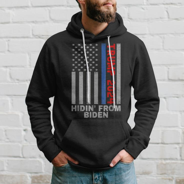 Trump 2024 Hiding From Biden Usa Flag Thin Blue Line Men Hoodie Graphic Print Hooded Sweatshirt Gifts for Him