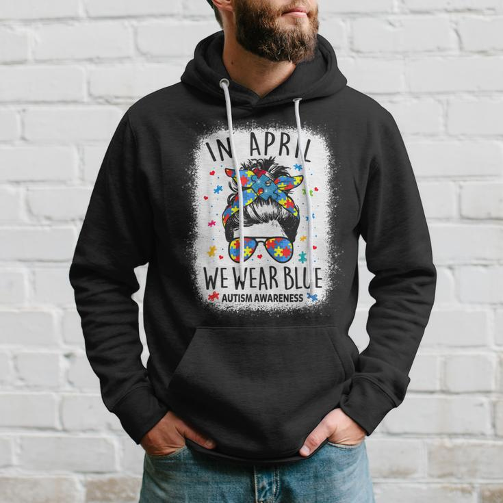 Women Messy Bun In April We Wear Blue For Autism Awareness Hoodie Gifts for Him