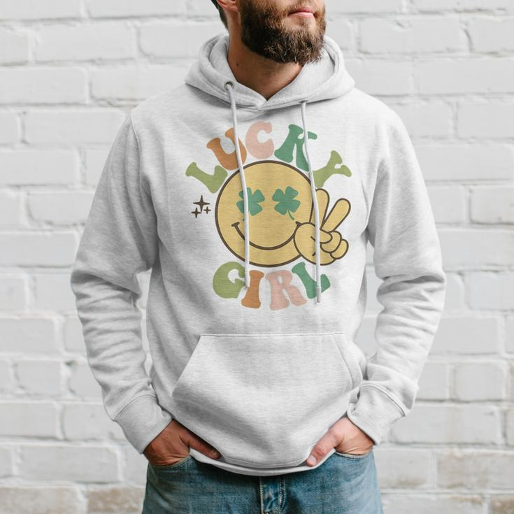Lucky St Patricks Day Retro Smiling Face Shamrock Hippie Hoodie Gifts for Him